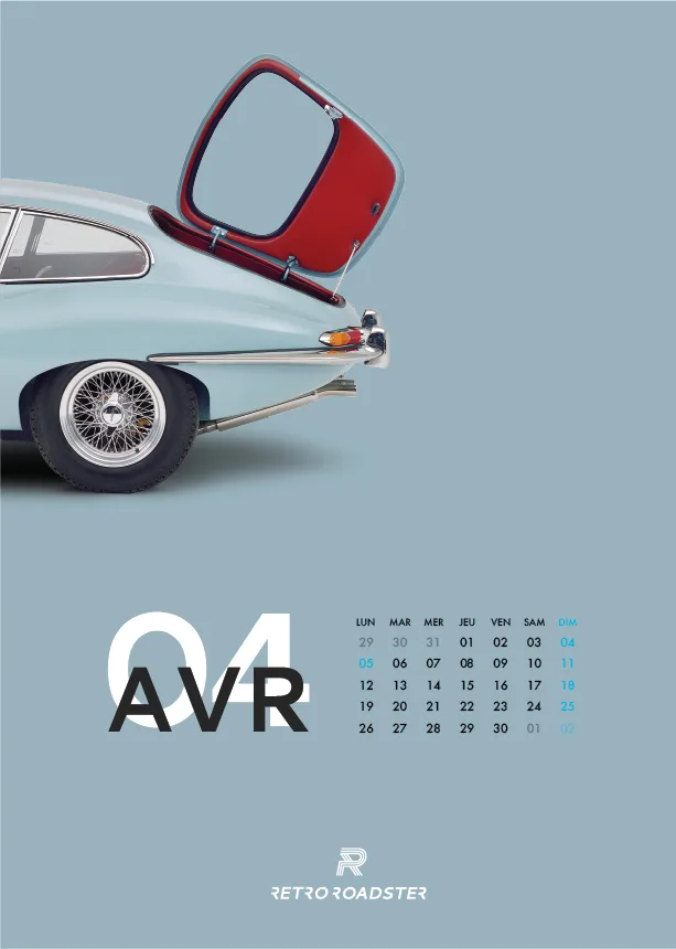 April page of the Jaguar E-Type anniversary calendar with a pale blue E-Type and open rear hatch