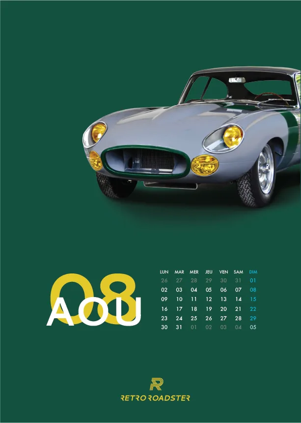 August page of the Jaguar E-Type anniversary calendar with a silver and green E-Type