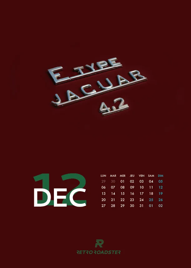 December page of the Jaguar E-Type anniversary calendar with E-Type and Jaguar 4.2 badges