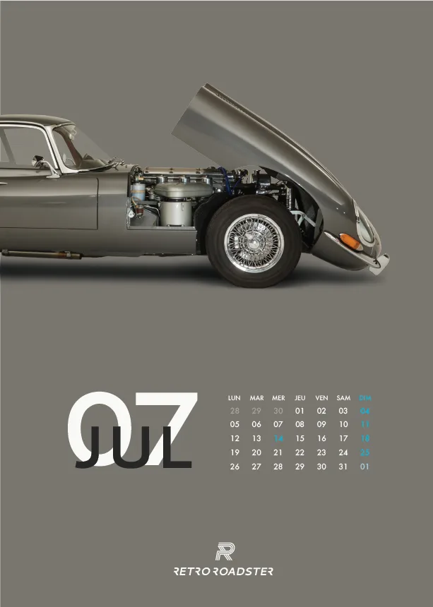 July page of the Jaguar E-Type anniversary calendar with an open bonnet