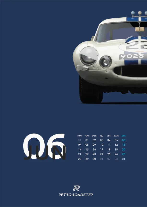 June page of the Jaguar E-Type anniversary calendar with a racing E-Type