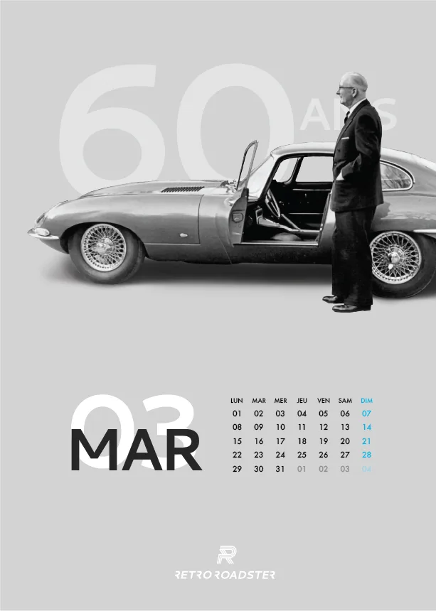 March page of the Jaguar E-Type anniversary calendar with Malcolm Sayer and an E-Type