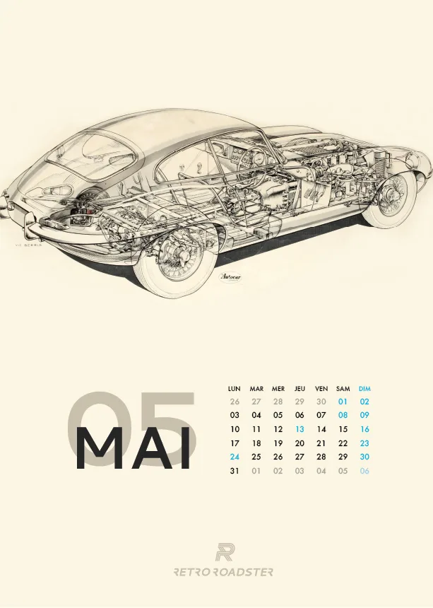 May page of the Jaguar E-Type anniversary calendar with a technical cutaway illustration