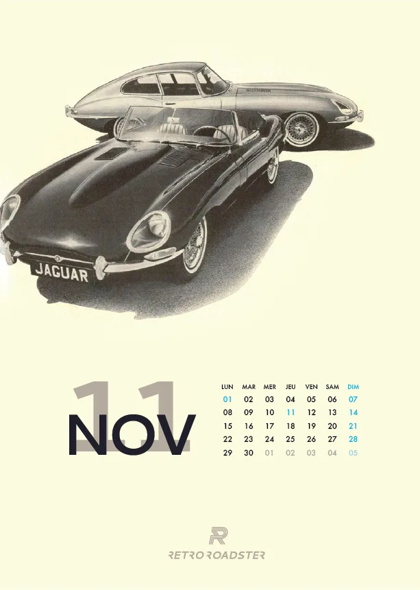 November page of the Jaguar E-Type anniversary calendar with an archival coupe and roadster illustration
