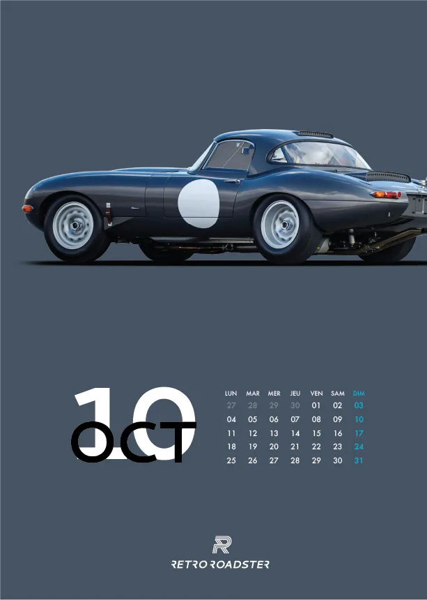 October page of the Jaguar E-Type anniversary calendar with a blue lightweight racing E-Type