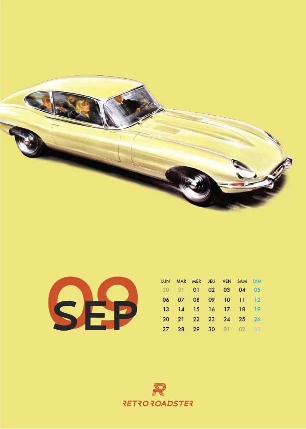 September page of the Jaguar E-Type anniversary calendar with an illustrated yellow E-Type