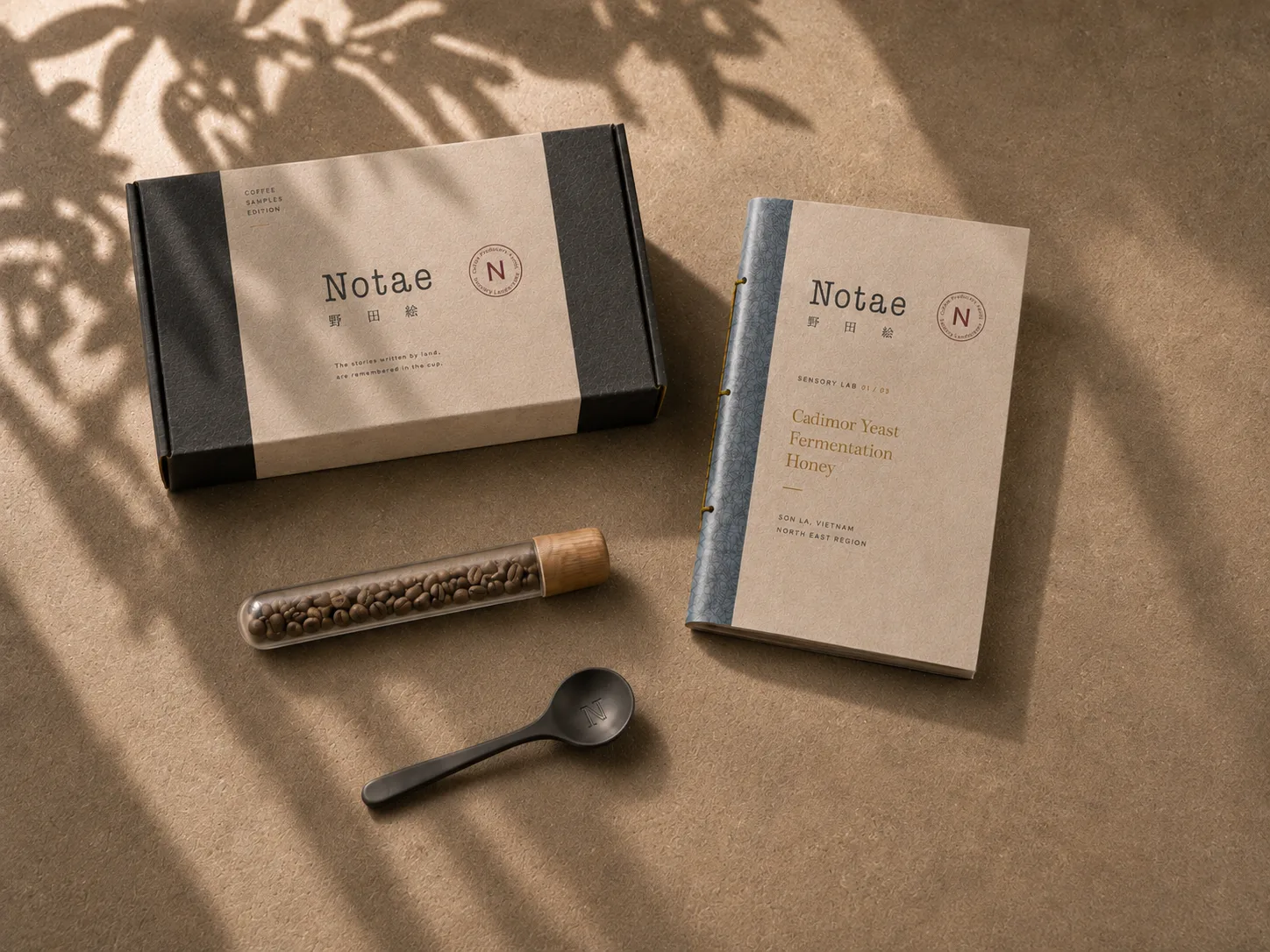 NOTAE coffee sample box and sensory notebook arranged with coffee beans in warm natural light