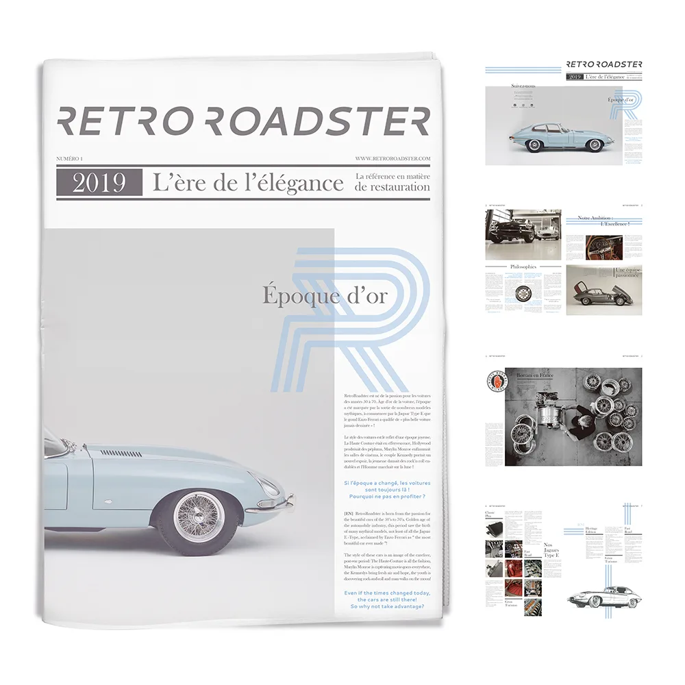 RetroRoadster newspaper cover and editorial spreads for the Jaguar E-type project